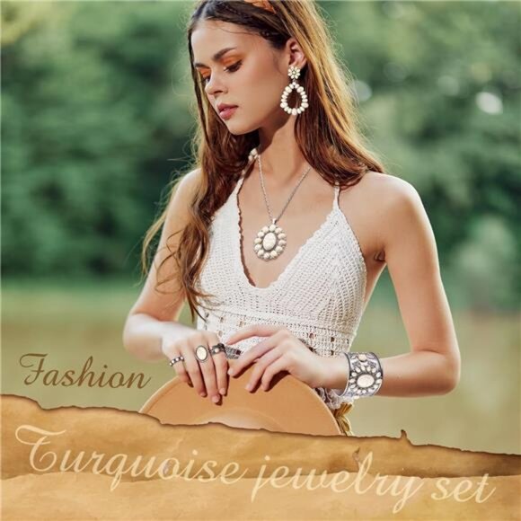 Bohemian Western Jewelry Cream Faux Turquoise Set Women Bohemian - Picture 5 of 6